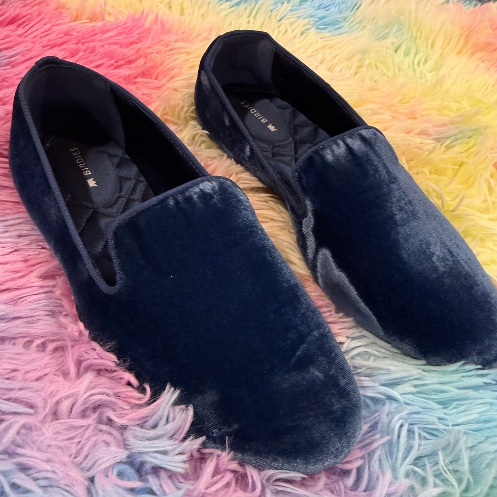Birdies Starling Loafers Womens 7 Navy Blue Velvet Smoking Slippers‎
